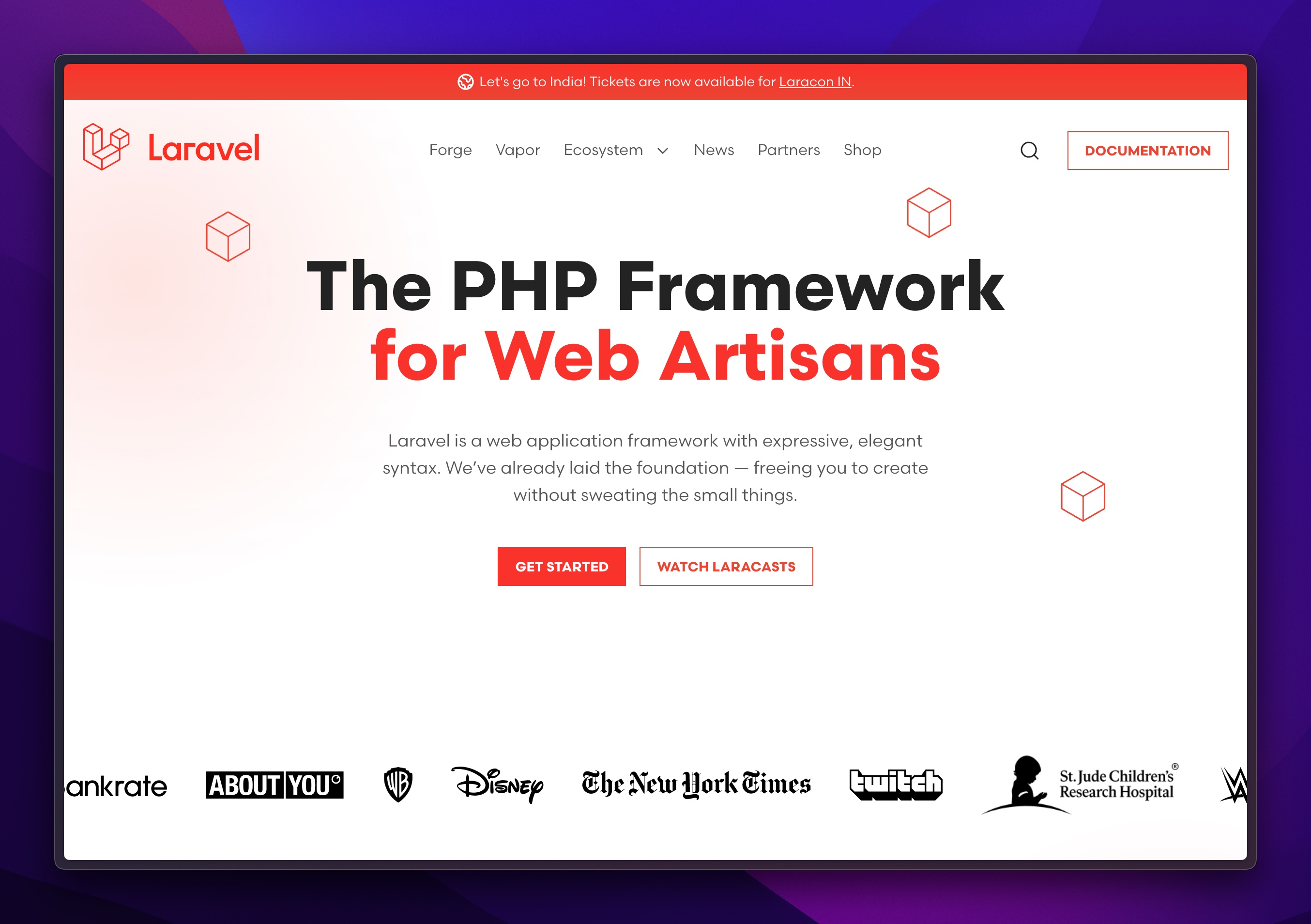 A screenshot of the laravel website