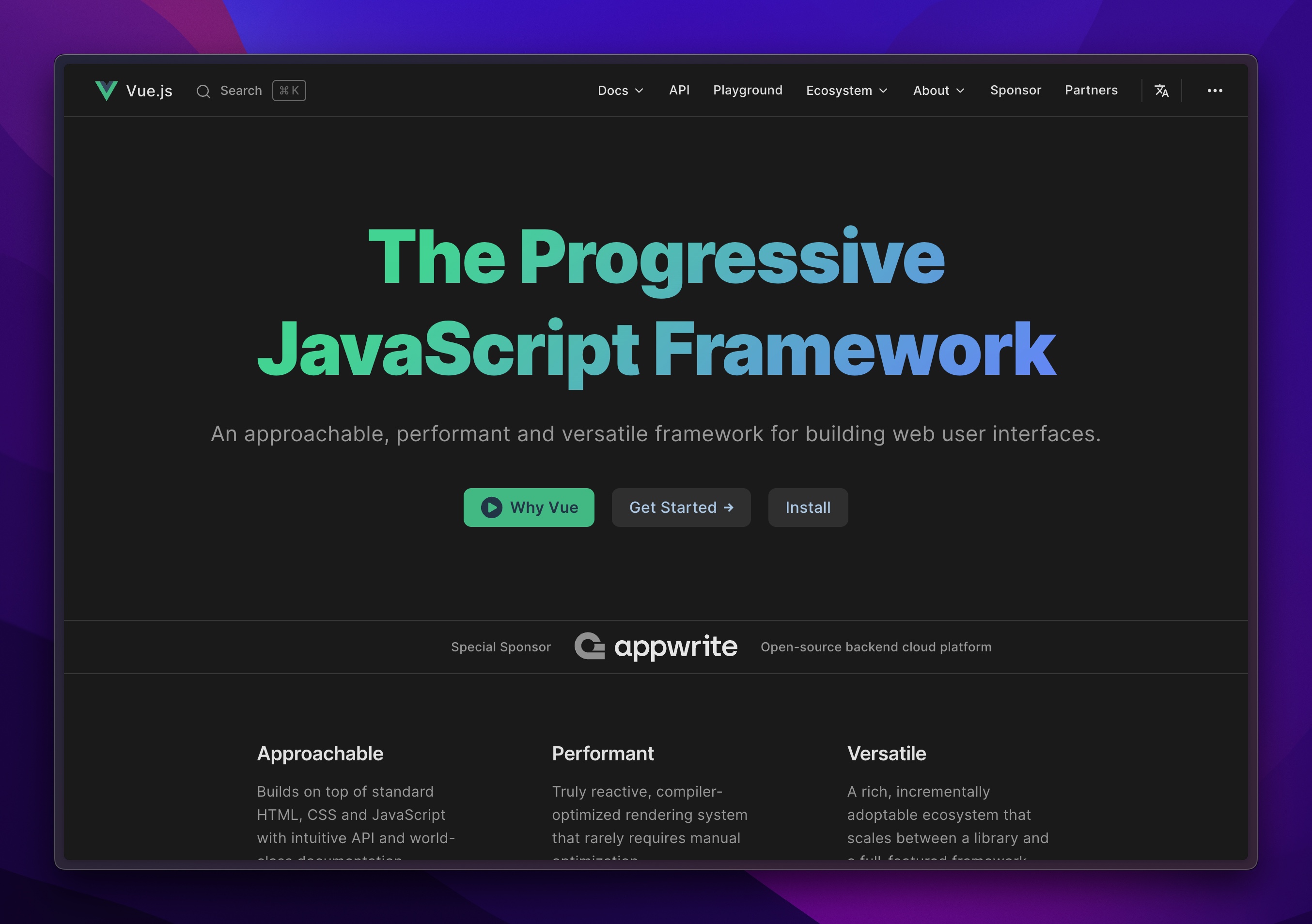 A screenshot of the vue website